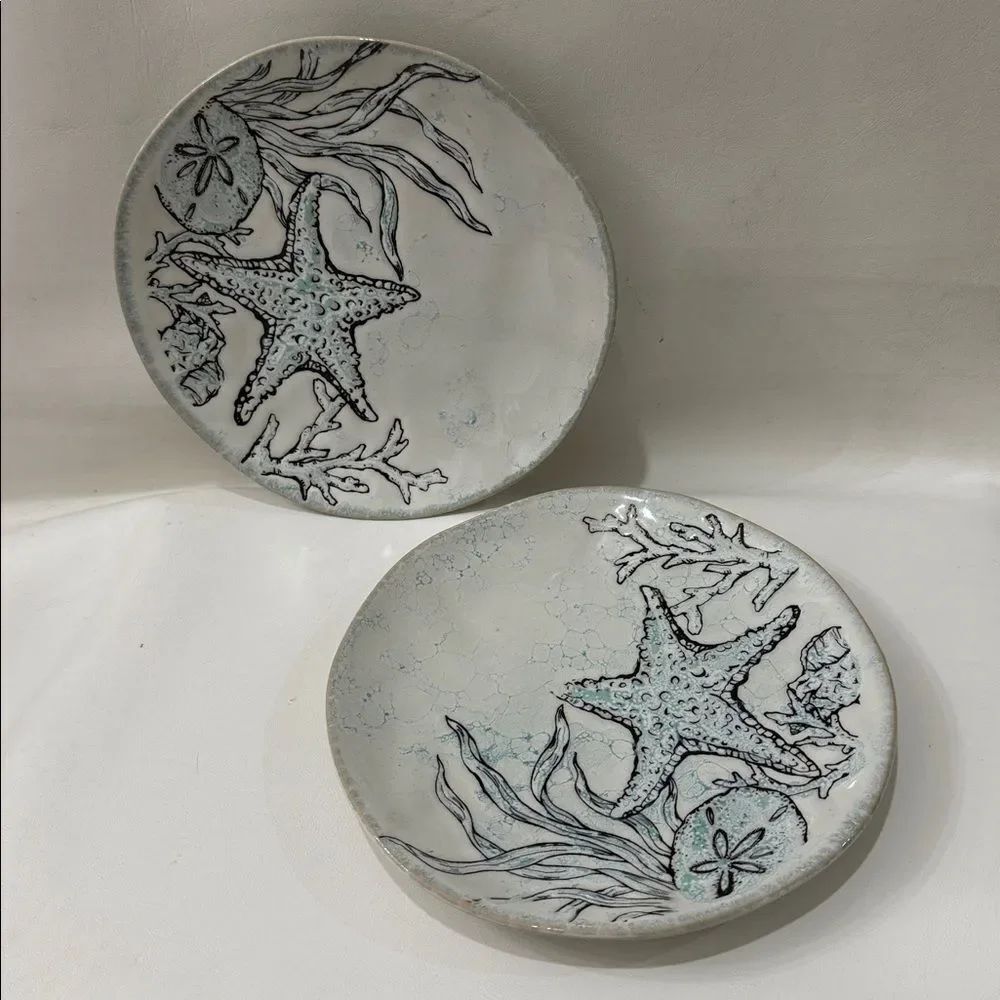Spectrum Designz 2022 Sea Cove Island Coastal Ceramic 2 Plate Teal Blue White